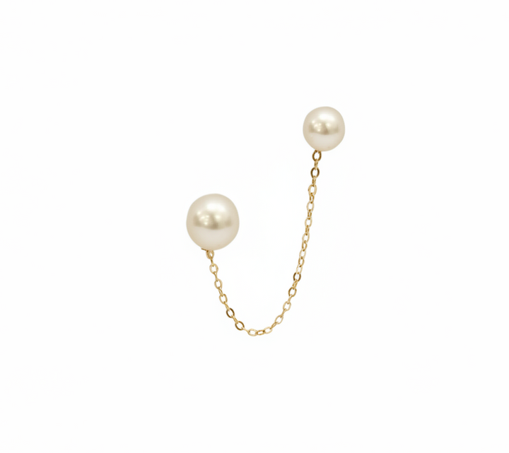 14K Gold Pearl Double Stud Chain Earring