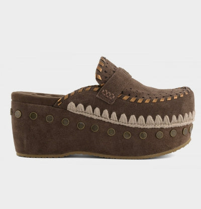 MOU Clog Leather Overstitching Dark Brown