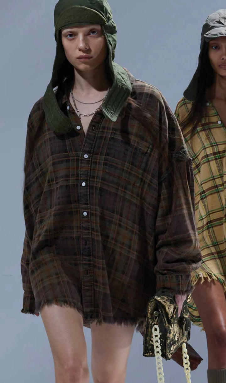 R13 SHREDDED SEAM PLAID SHIRT Brown