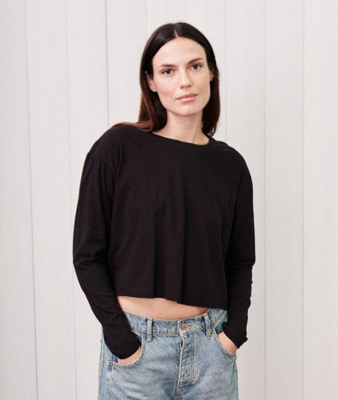 STATESIDE Cloud Jersey Long Sleeve Boxy Crew in Black