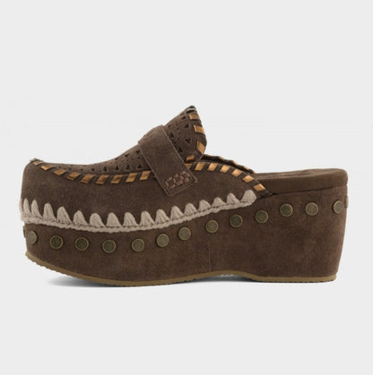 MOU Clog Leather Overstitching Dark Brown
