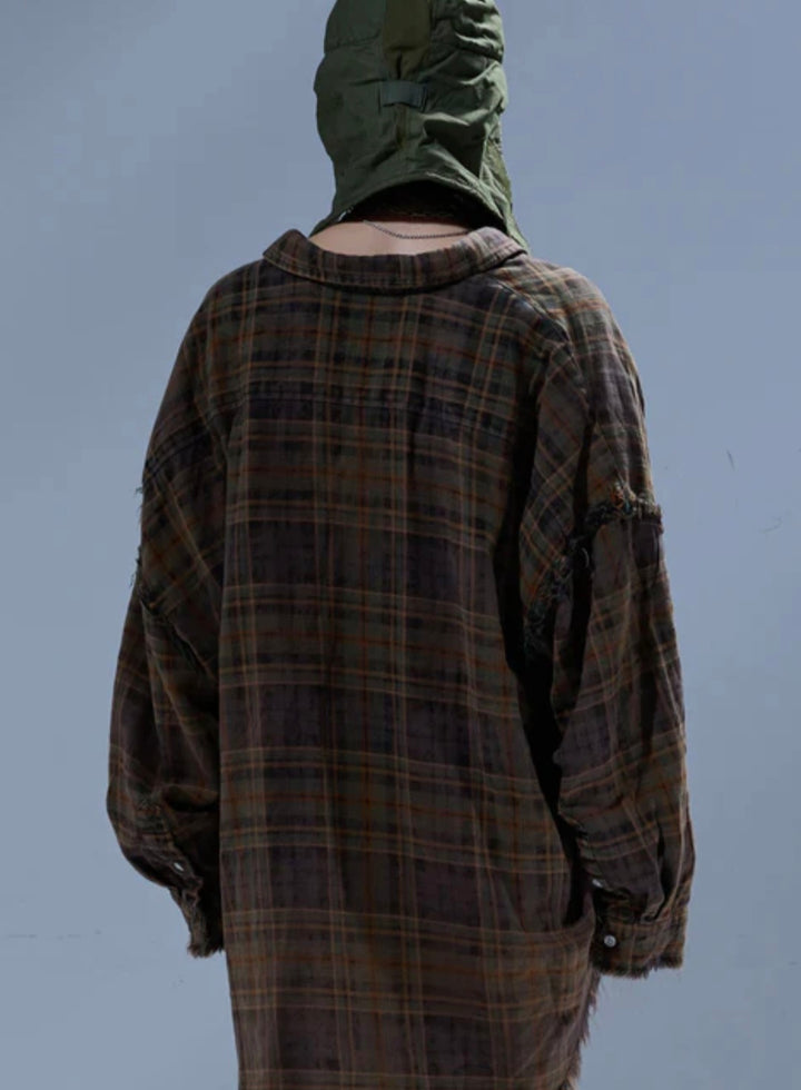 R13 SHREDDED SEAM PLAID SHIRT Brown