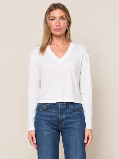 STATESIDE Cloud Jersey Long Sleeve Boxy V Neck – White