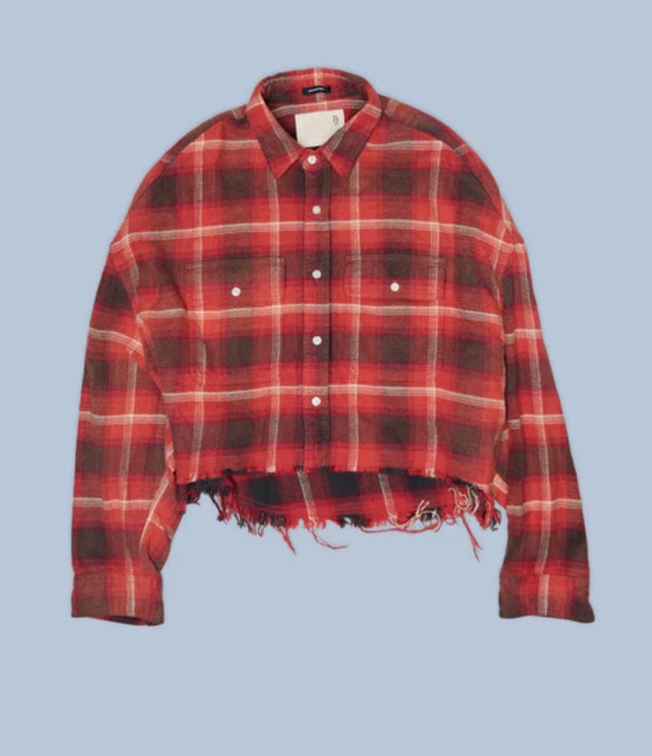 R13 SHREDDED SEAM CROPPED PLAID SHIRT Red