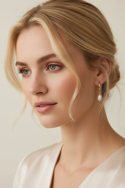14K Gold Hoop Earrings with Natural Pearl Drop