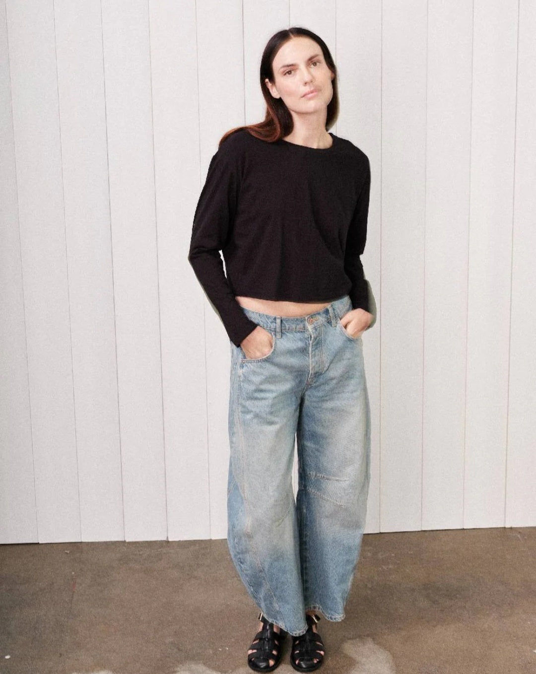 STATESIDE Cloud Jersey Long Sleeve Boxy Crew in Black