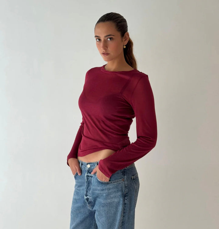 MAJESTIC FILATURES Long-Sleeve Sheer Crew Neck T-Shirt Plum