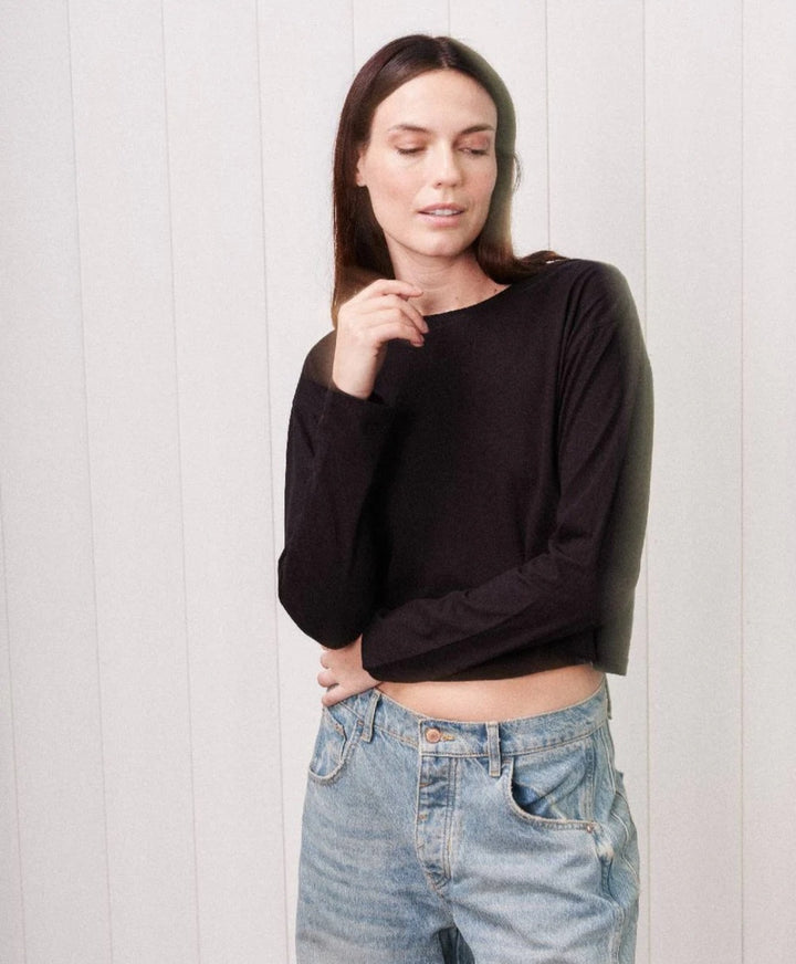 STATESIDE Cloud Jersey Long Sleeve Boxy Crew in Black