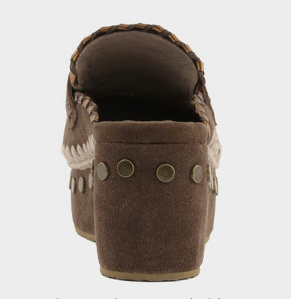 MOU Clog Leather Overstitching Dark Brown
