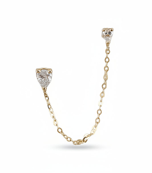 14K Gold Double Piercing Chain Earring with Pear Zirconia
