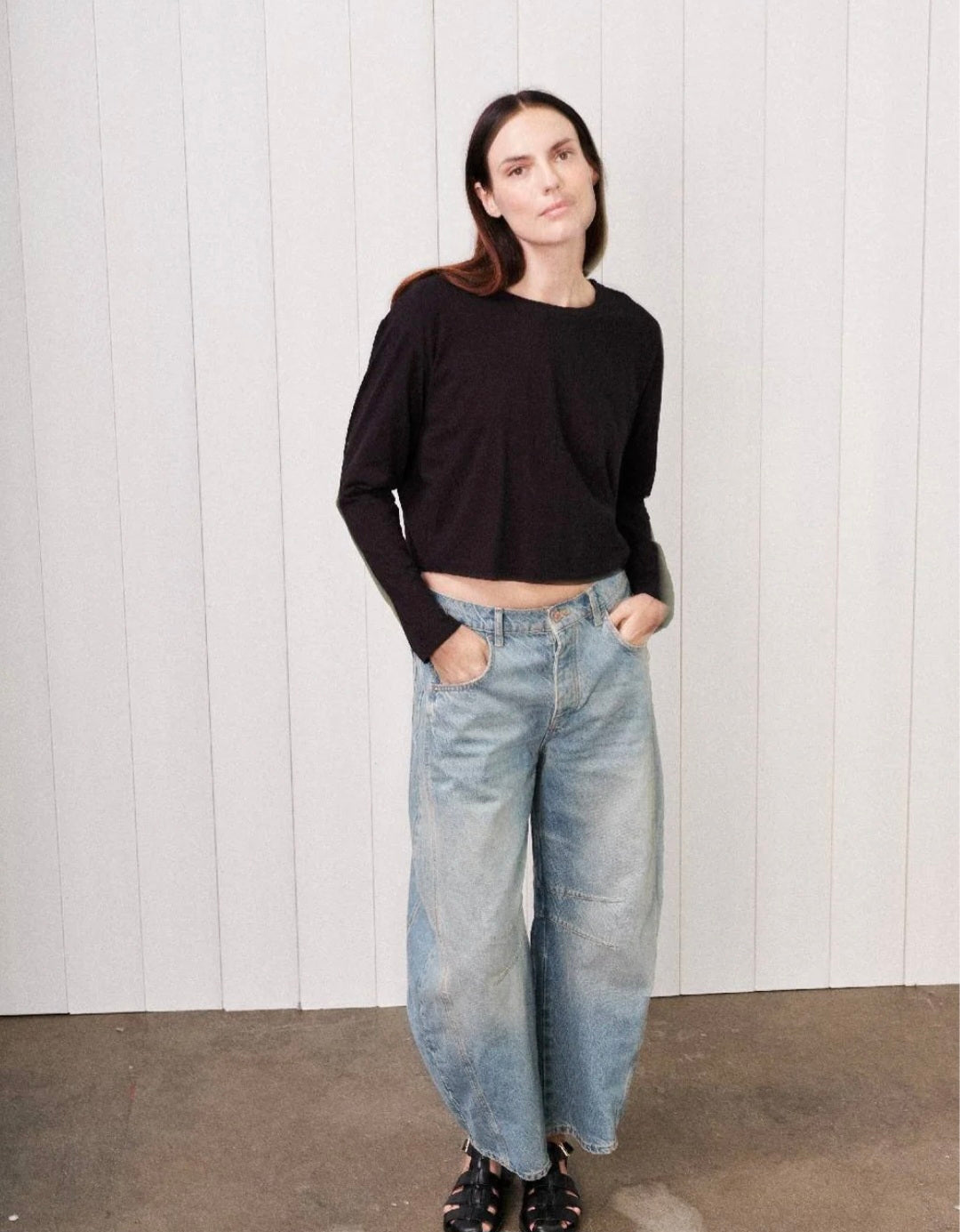 STATESIDE Cloud Jersey Long Sleeve Boxy Crew – Black