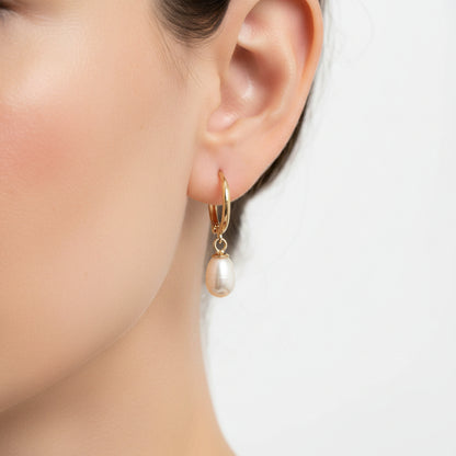 14K Gold Hoop Earrings with Natural Pearl Drop