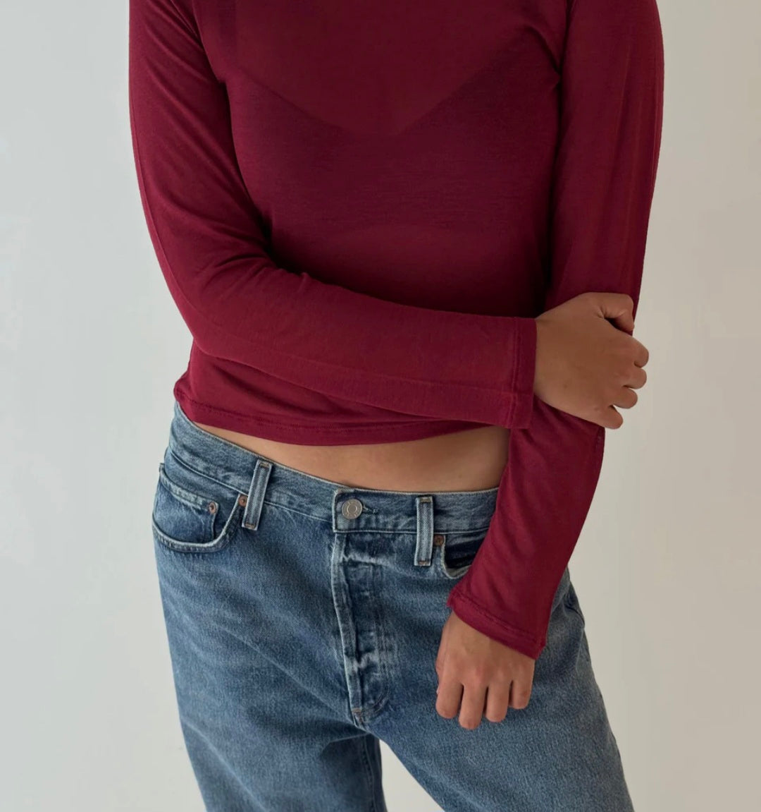 MAJESTIC FILATURES Long-Sleeve Sheer Crew Neck T-Shirt Plum