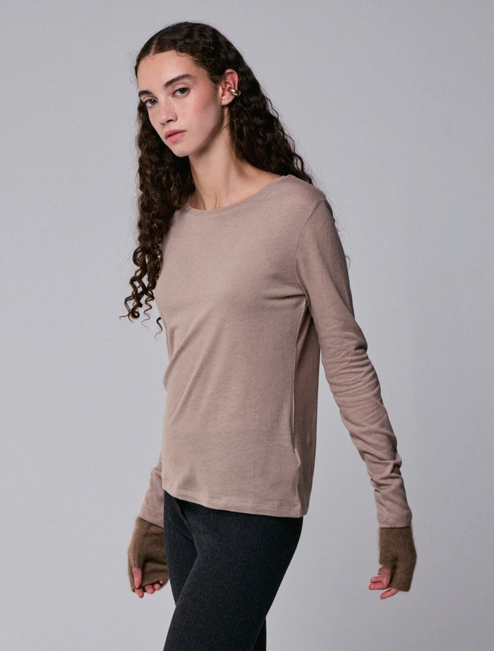 MAJESTIC FILATURES Long-Sleeve Cotton and Cashmere Crew Neck T-Shirt Desert