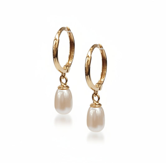 14K Gold Hoop Earrings with Natural Pearl Drop