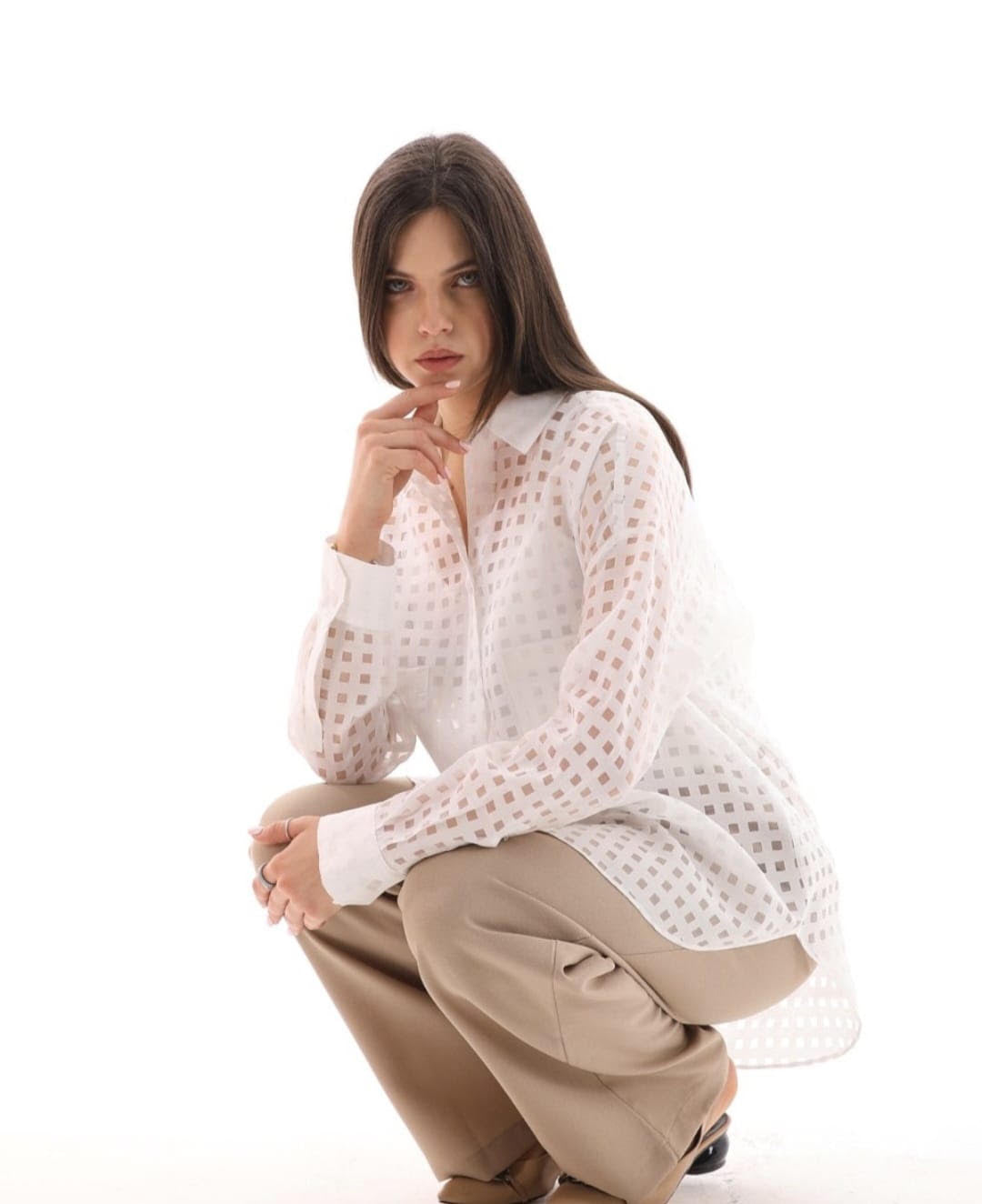 Exetera White Sheer Square-Textured Shirt