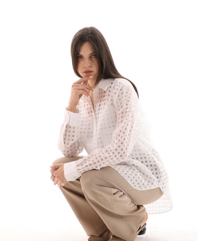 Exetera White Sheer Square-Textured Shirt
