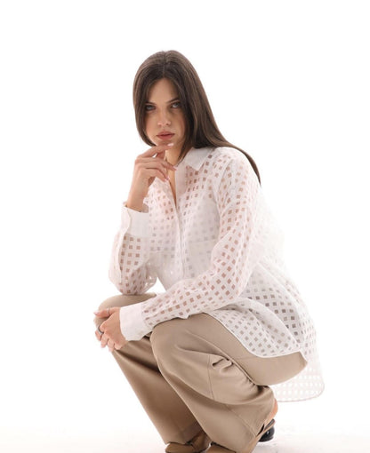 Exetera White Sheer Square-Textured Shirt