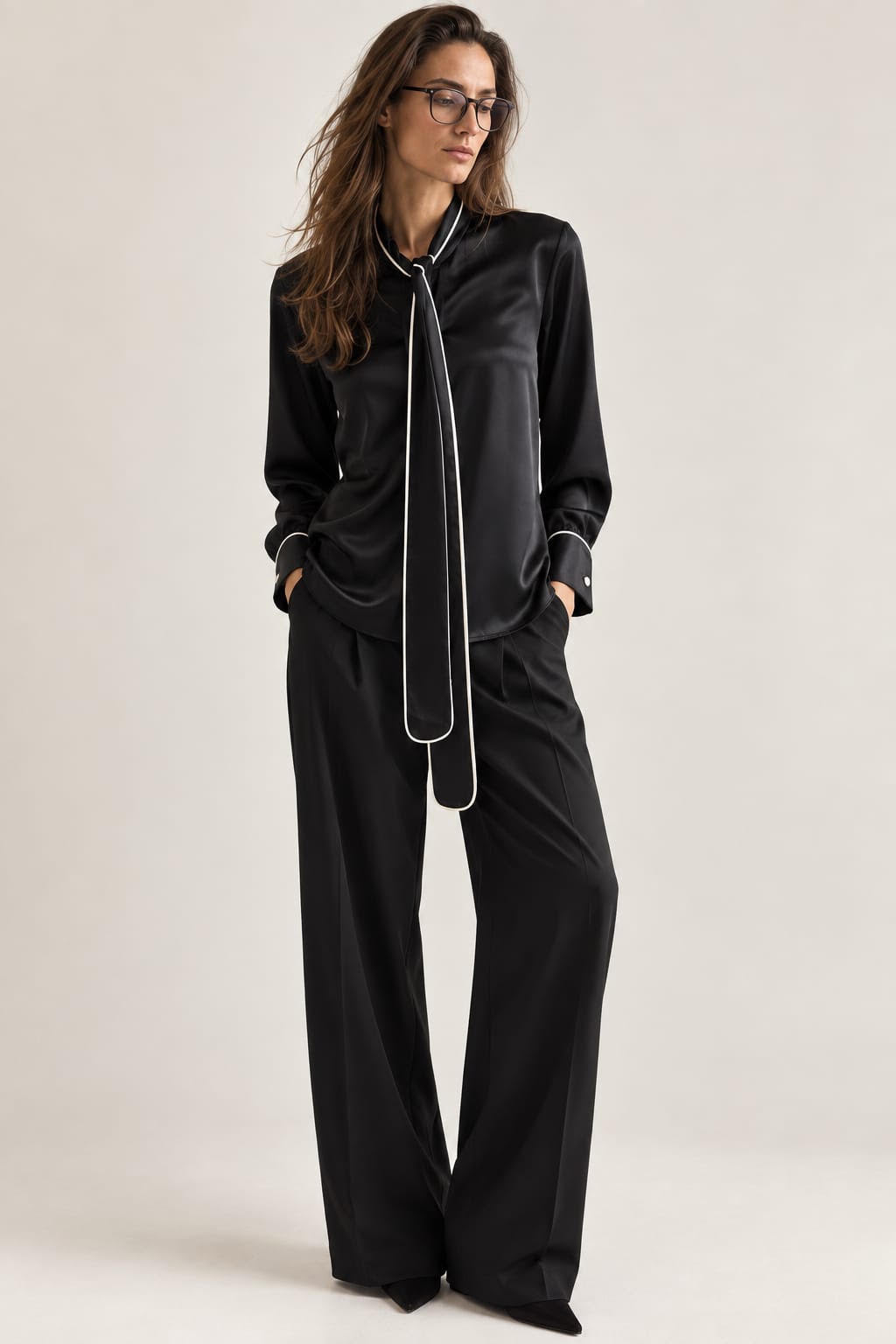 EXETERA  Black Satin Tie-Neck Button-Down Blouse