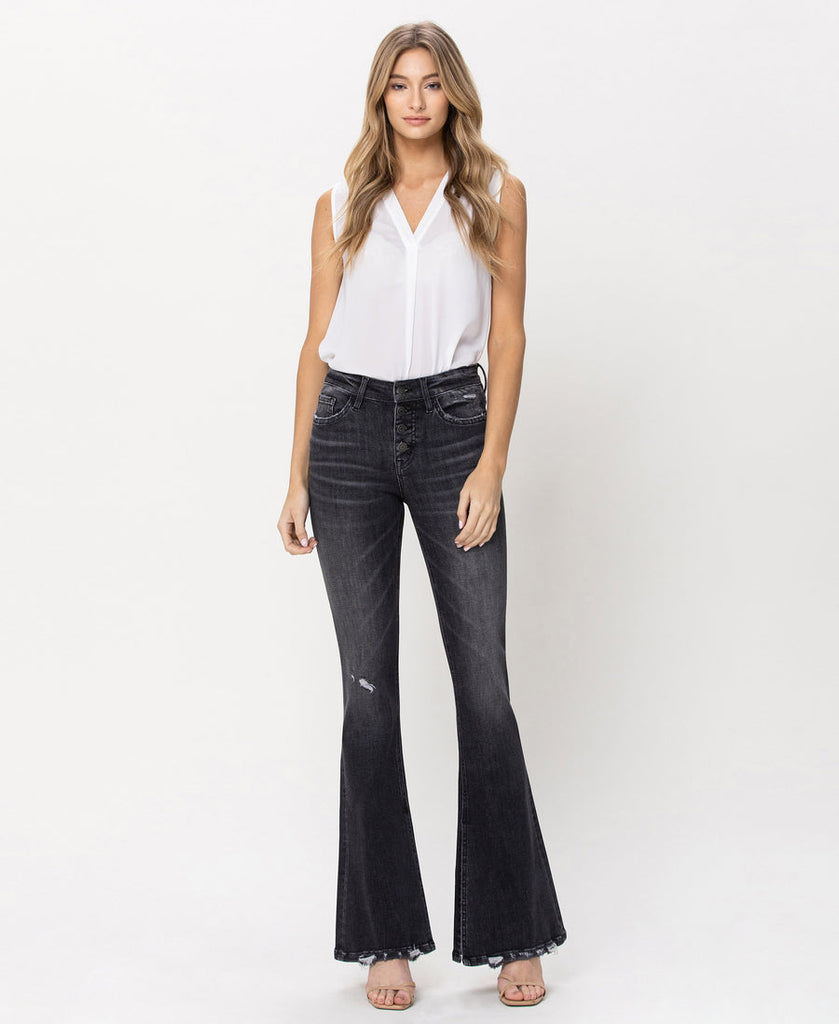 Wind Snap Mid Rise Flare Jeans with Exposed Button Fly and Slit Detail