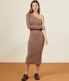 Monrow Supersoft Sweater Knit One Shoulder Dress In Dusty Cocoa